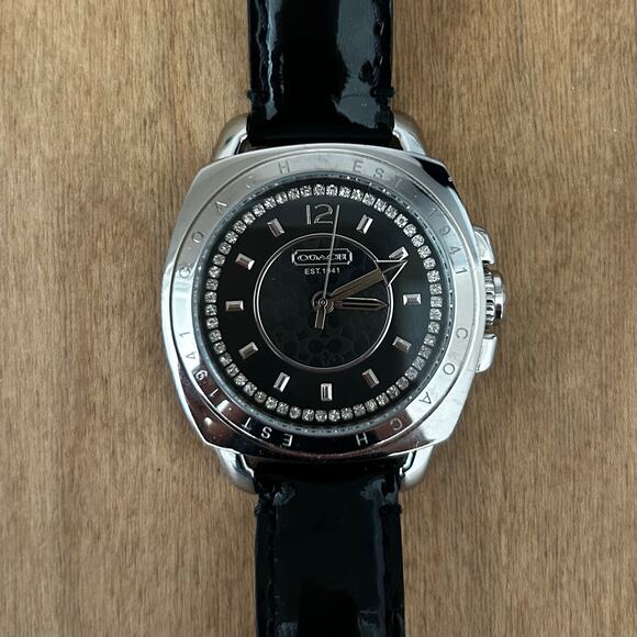 Women's Coach Boyfriend Black Patent Leather Strap Crystal Dial Watch Large - Picture 2 of 12